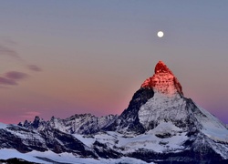 Góry, Alpy, Szczyt, Zachód Słońca, Księżyc, Śnieg