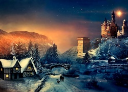Zima, Noc, Zamek, Domy, Fantasy