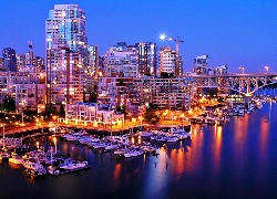 Drapacze Chmur, Marina, Jachty, Vancouver, Nocą
