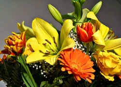 Bukiet, Kwiatów, Lilie, Tulipany, Gerbery