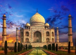 Tadż Mahal, Agra, Indie, Pałac, Zachód Słońca, Ogród