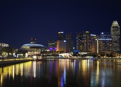 Singapur, Nocą, Morze, Odbicie