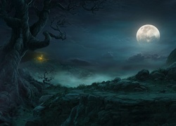 Noc, Niebo, Księżyc, Mgła, Drzewo, Droga