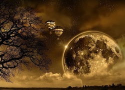 Gwiazdy, Księżyc, Balony, Drzewo, Fantasy