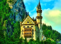 Zamek Neuschwanstein, Bawaria, Niemcy, Góry, Lasy