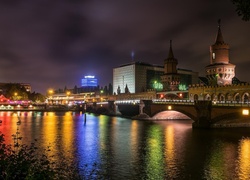 Rzeka, Most, Wieża, Berlin, Nocą