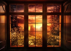 Okno, Zachód Słońca, Góry, Lasy, Krajobraz