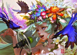 Anime, Manga, Kwiaty, Ptaki, Dziewczyna