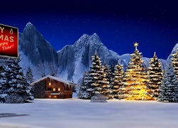 Zima, Góry, Choinki, Dom, Boże Narodzenie, Święta, Grafika