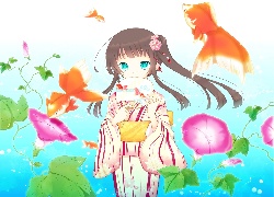 Dziewczyna, Ryby, Kwiaty, Anime