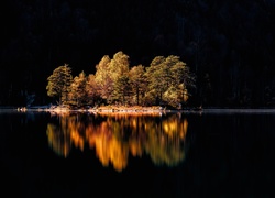 Jesień, Jezioro, Drzewa, Zmrok