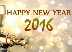 Szampan, Kieliszki, Napis, Happy, New, Year, 2016, Bokeh
