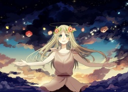 Dziewczyna, Kwiaty, Niebo, Anime