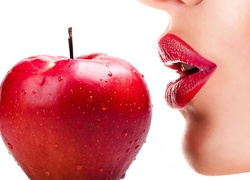 Kobieta, Czerwone, Usta, Jabłko