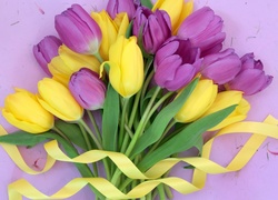 Tulipany, Żółte, Fioletowe, Wstążka
