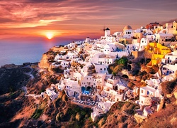 Grecja, Morze, Domy, Wschód słońca