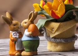 Zajączki, Figurki, Wielkanoc, Tulipany