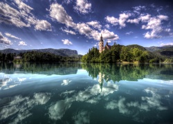 Słowenia, Wyspa Blejski Otok, Jezioro Bled, Kościół, Obłoki