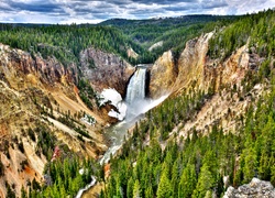 Stany Zjednoczone, Park Narodowy Yellowstone, Wielki Kanion Yellowstone, Wodospad Dolny, Lower Falls, Rzeka Yellowstone, Skały, Góry