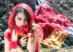Kobieta, Czerwony, Welon, Tulipany