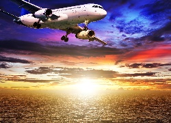 Wschód, Słońce, Samolot, Morze, Kolorowe, Niebo