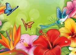 Grafika, Kwiaty, Motylki