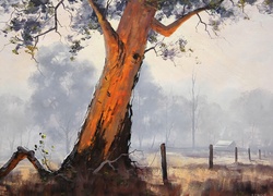 Malarstwo, Drzewo, Korzenie, Mgła