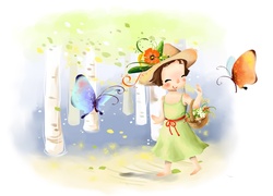 Dziewczynka, Kwiaty, Kosz, Drzewa, Motyle