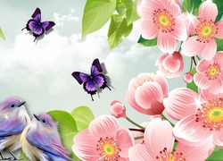 Wiosna, Grafika, Kwiaty, Motyle, Ptaki