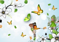Grafika, Laleczki, Motyle, Kwiaty