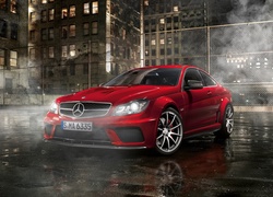 Samochód, Mercedes Benz C63 AMG, Czerwony, Noc, Ulica, Parking