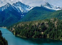 Jezioro Diablo Lake, Góry, Park Narodowy Północnych Gór Kaskadowych, Stan Waszyngton, Stany Zjednoczone, Lasy