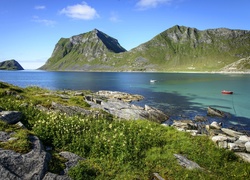 Góry, Jezioro, Kamienie, Łodzie, Norwegia, Roślinność