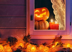 Halloween, Dynie, Okno, Świece, Lampki, Dekoracja