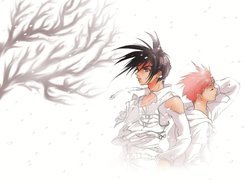 D N Angel, śnieg, drzewo, postacie