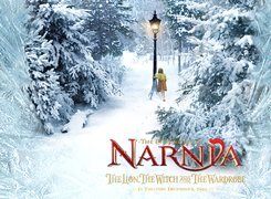 The Chronicles Of Narnia, latarnia, dziewczynka, choinki, zima, napis