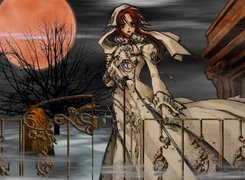 Trinity Blood, kobieta,księżyc,cmentarz,mgła