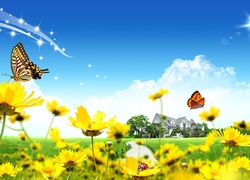 Wiosna, Żółte, Kwiatki, Motylki, Biedronka Grafika 2D