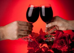 Walentynki, Wino, Dłonie, Róże