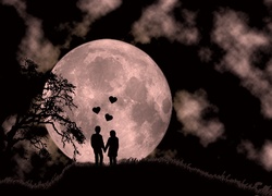 Noc, Księżyc, Para, Zakochani