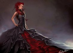 Kobieta, Czarno, Czerwona, Suknia