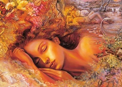 Śpiąca, Dziewczyna, Woda, Kwiaty, Drzewa, Josephine Wall