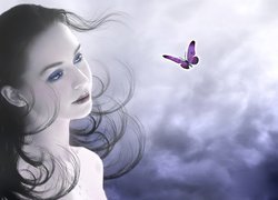 Dziewczyna, Chmury, Motyl