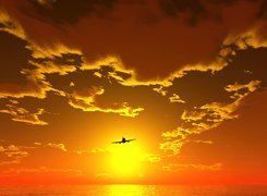 Samolot, Zachód, Słońca, Morze