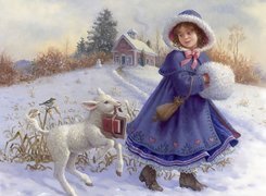 Dziewczynka, Owieczka, Dom, Śnieg