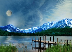 Jezioro, Góry, Księżyc, Pomost