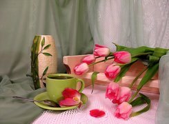 Bukiet, Różowych, Tulipanów, Filiżanka