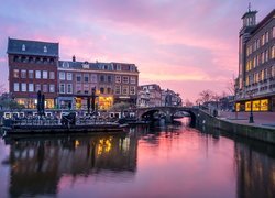 Poranek, Domy, Kanał, Most, Amsterdam, Holandia