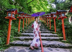Azjatka, Kobieta, Kimono, Parasol, Schody, Lampy, Świątynia Kifune Shrine, Kioto, Japonia