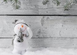 Dekoracja, Świąteczna, Figurka, Bałwanek, Choinka, Śnieg, Deski